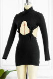 Black Sexy Solid Hollowed Out Half A Turtleneck Pencil Skirt Dresses