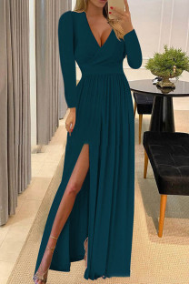 Green Sexy Casual Solid Patchwork Slit V Neck Long Sleeve Dresses