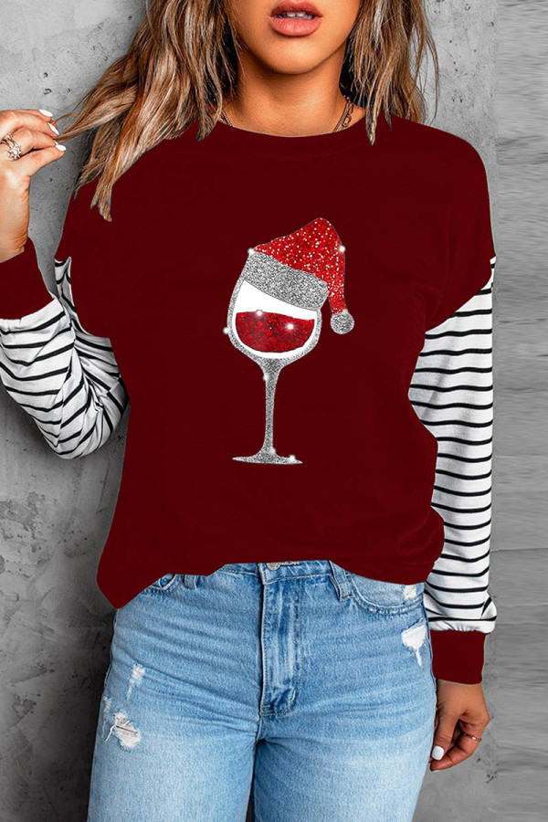 Burgundy Casual Print Patchwork O Neck Tops