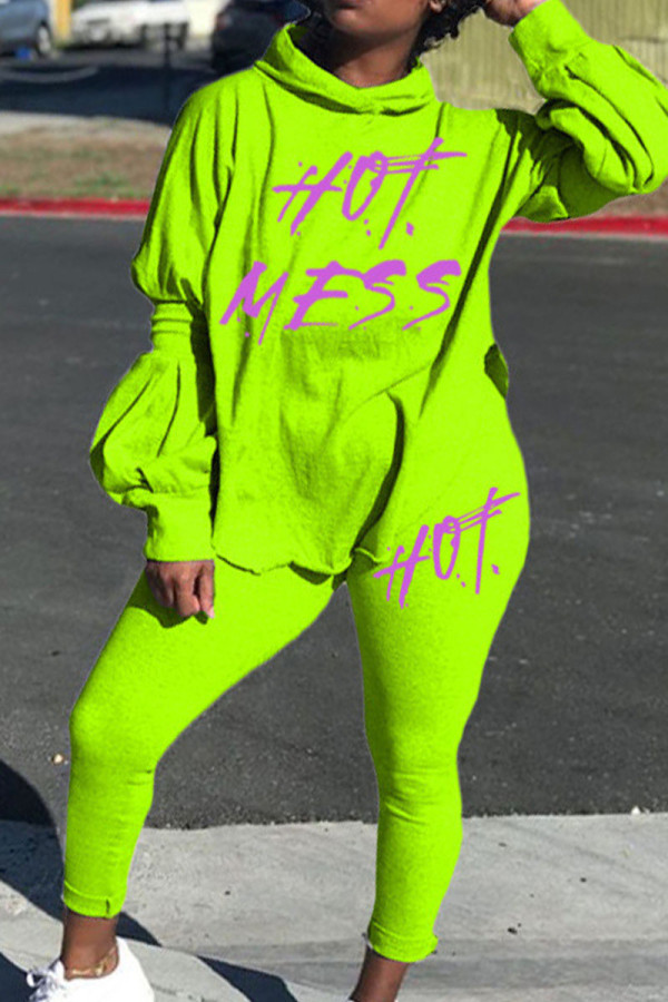 Fluorescent Green Casual Print Patchwork Slit Hooded Collar Long Sleeve Two Pieces