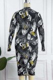 Black Casual Print Slit O Neck Long Sleeve Plus Size Dresses