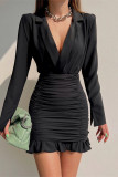 Black Sexy Casual Solid Patchwork Fold V Neck Long Sleeve Dresses