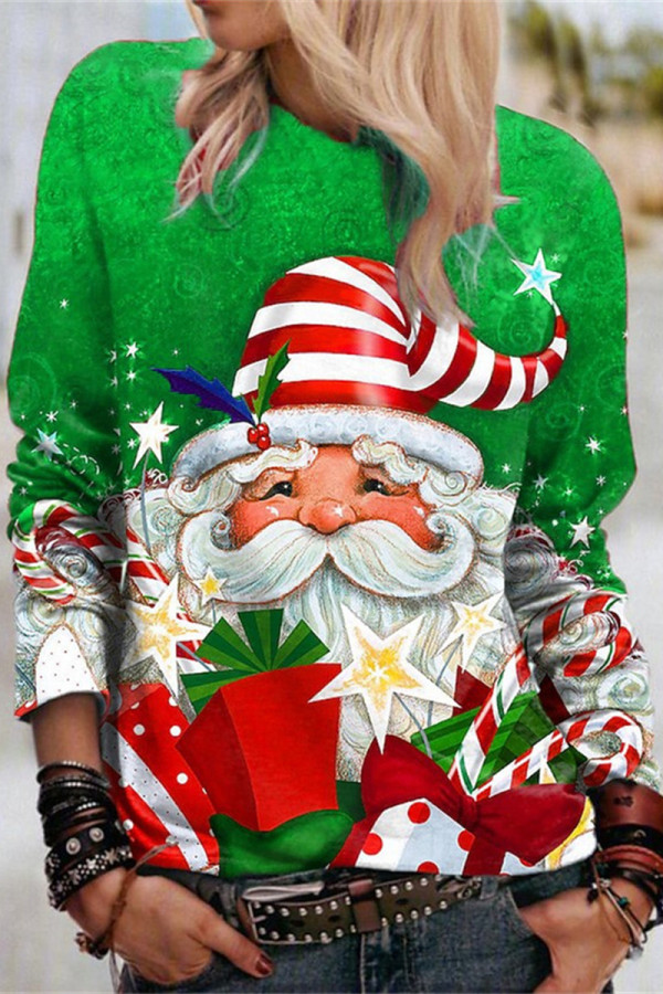 Green Casual Santa Claus Basic O Neck Tops