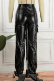 Black Casual Solid Patchwork Straight High Waist Straight Trousers