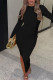 Black Elegant Solid Patchwork Slit Half A Turtleneck One Step Skirt Dresses