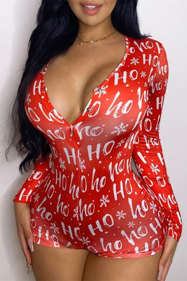 Red Fashion Casual Letter Print Basic V Neck Long Sleeve Skinny Romper