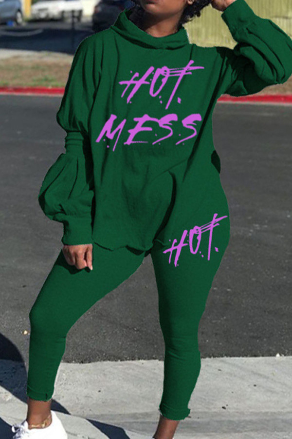 Ink Green Casual Print Patchwork Slit Hooded Collar Long Sleeve Two Pieces