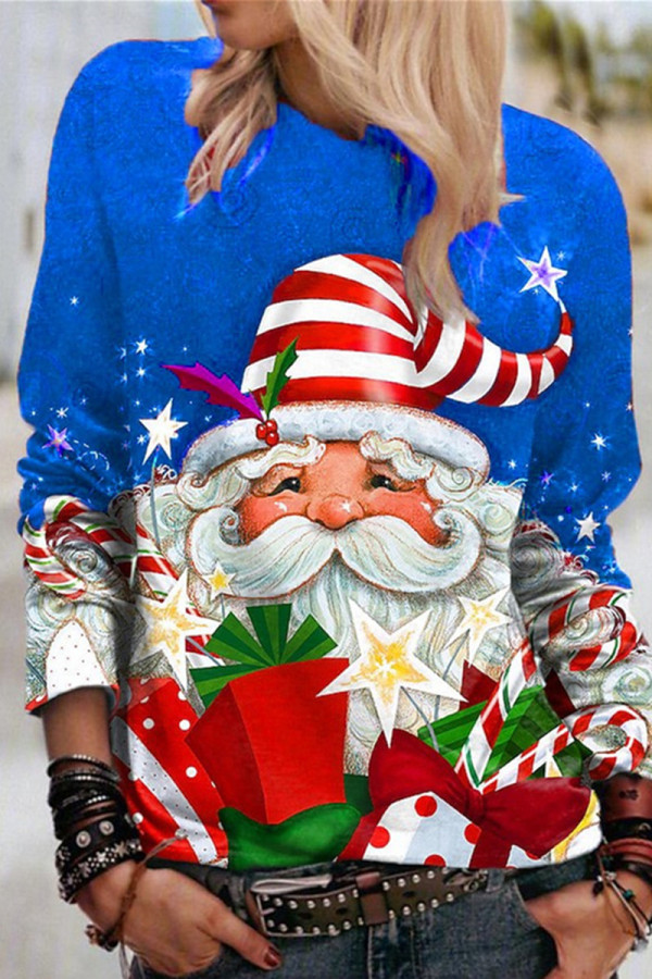 Blue Casual Santa Claus Basic O Neck Tops