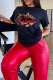 Black Street Vintage Lips Printed Patchwork O Neck T-Shirts