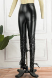 Black Sexy Solid Fold Skinny High Waist Pencil Solid Color Bottoms