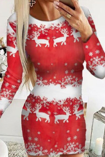 Red Casual Print Patchwork V Neck Long Sleeve Dresses