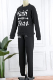 Red Casual Letter Print Basic O Neck Long Sleeve Two Pieces