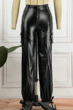 Black Casual Solid Patchwork Straight High Waist Straight Trousers