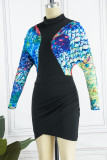 Green Sexy Print Patchwork Turtleneck Pencil Skirt Dresses