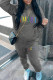 Grey Casual Print Letter Hooded Collar Long Sleeve Two Pieces