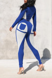 Blue Casual Sportswear Print Patchwork O Neck Long Sleeve Two Pieces