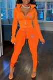 Orange Casual Print Letter Zipper Collar Long Sleeve Two Pieces