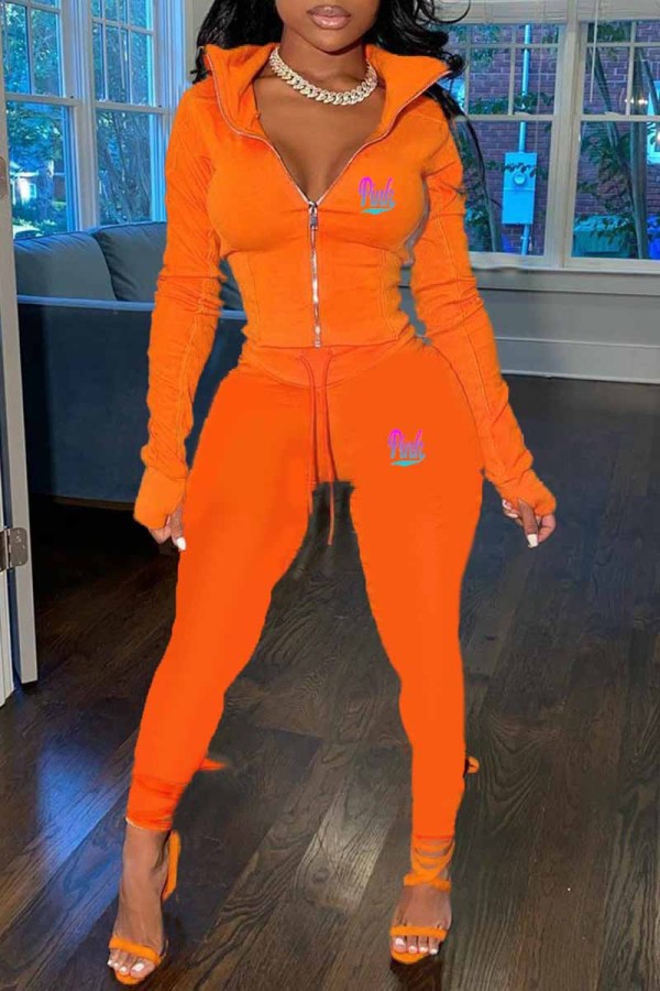 Orange Casual Print Letter Zipper Collar Long Sleeve Two Pieces