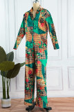 Green Street Print Patchwork Turndown Collar Long Sleeve Two Pieces