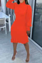 Orange Casual Solid Basic Turtleneck Long Sleeve Dresses
