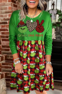 Green Casual Print Patchwork O Neck Long Sleeve Dresses