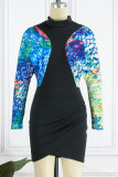 Green Sexy Print Patchwork Turtleneck Pencil Skirt Dresses