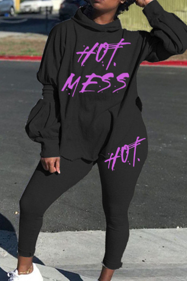 Black Casual Print Patchwork Slit Hooded Collar Long Sleeve Two Pieces