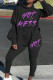 Black Casual Print Patchwork Slit Hooded Collar Long Sleeve Two Pieces