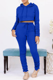 Blue Casual Solid Basic Hooded Collar Long Sleeve Two Pieces