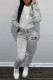 Grey Casual Letter Print Basic Hooded Collar Long Sleeve Two Pieces