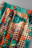 Green Street Print Patchwork Turndown Collar Long Sleeve Two Pieces