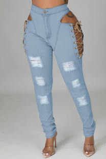 Light Blue Casual Solid Ripped Hollowed Out Frenulum Mid Waist Skinny Denim Jeans
