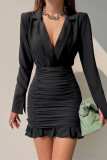 Black Sexy Casual Solid Patchwork Fold V Neck Long Sleeve Dresses