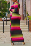 Colour Casual Gradual Change Print Patchwork V Neck Long Sleeve Dresses