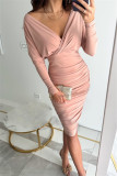 Pink Sexy Casual Solid Patchwork Fold Off the Shoulder Long Sleeve Dresses