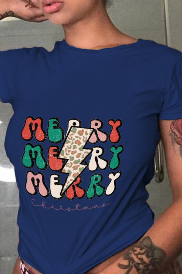 Navy Blue Casual Street Print Patchwork Letter O Neck T-Shirts