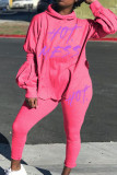 Pink Casual Print Patchwork Slit Hooded Collar Long Sleeve Two Pieces