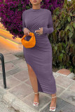 Blue Elegant Solid Patchwork Slit Half A Turtleneck One Step Skirt Dresses