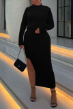 Blue Elegant Solid Patchwork Slit Half A Turtleneck One Step Skirt Dresses