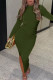Green Elegant Solid Patchwork Slit Half A Turtleneck One Step Skirt Dresses