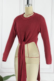 Purplish Red Casual Solid Slit O Neck Tops (Without Belt)