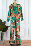 Green Street Print Patchwork Turndown Collar Long Sleeve Two Pieces