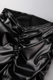 Black Sexy Solid Fold Skinny High Waist Pencil Solid Color Bottoms