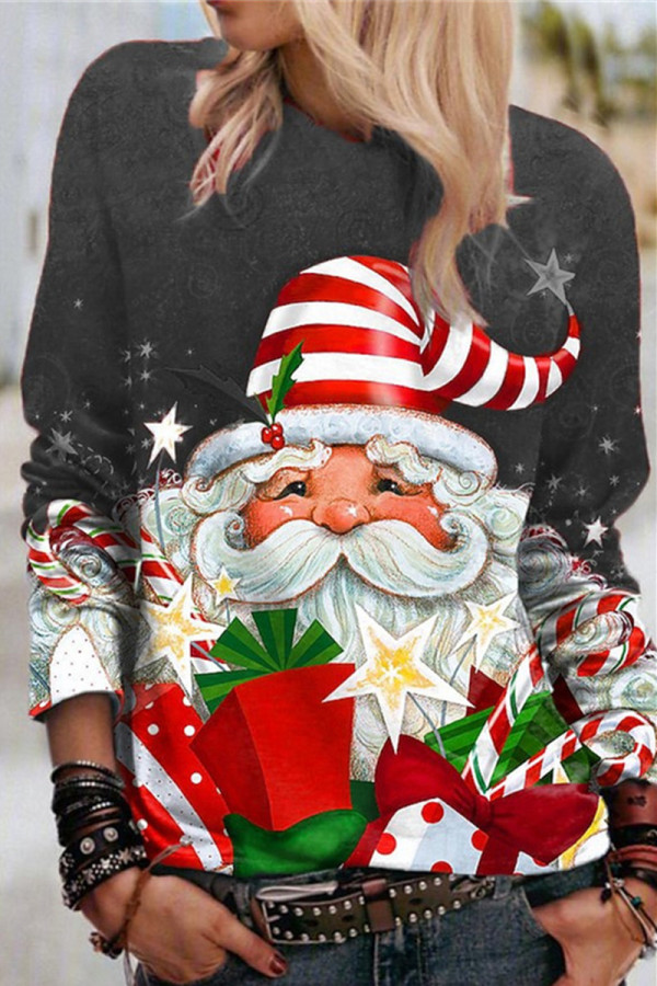 Grey Casual Santa Claus Basic O Neck Tops