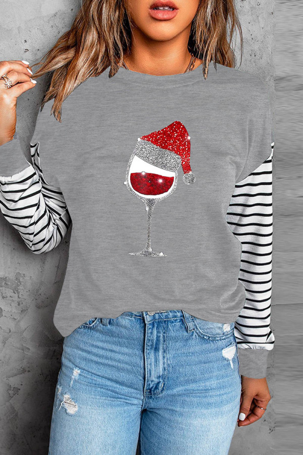 Grey Casual Print Patchwork O Neck Tops
