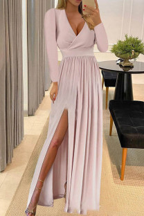 Pink Sexy Casual Solid Patchwork Slit V Neck Long Sleeve Dresses