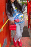 Grey Casual Print Basic Hooded Collar Long Sleeve Two Pieces