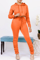 Orange Casual Solid Basic Hooded Collar Long Sleeve Two Pieces