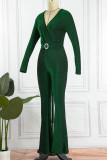 Green Sexy Solid Patchwork V Neck Boot Cut Jumpsuits