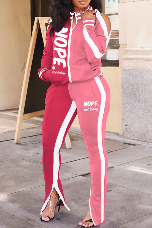 Rose Red Casual Letter Print Hollowed Out Patchwork Slit Zipper Collar Long Sleeve Two Pieces